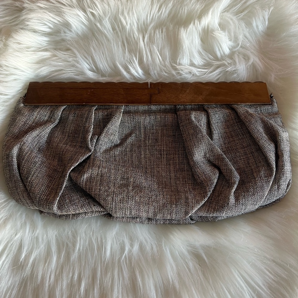 Sondra Roberts Linen Clutch Wood Closure Brown Color